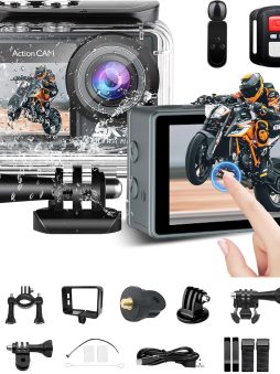 Action Camera 5K30FPS, 48MP Ultra HD Underwater Camera EIS WiFi Remote Control Dual Touchscreens Sport Cameras with 32GB SD Card, Microphone and Helmet Mount Accessories Kits