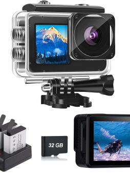 Action Camera with 32GB Memory Card Waterproof Cameras 4*Zoom Dual Screen 131FT(40m) Waterproof Underwater Camera with 2X Batteries and Multifunctional Accessories Action Cam
