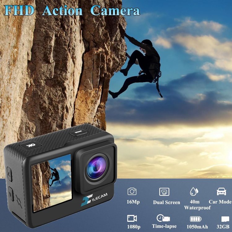 Action Camera with 32GB Memory Card Waterproof Cameras 4*Zoom Dual Screen 131FT(40m) Waterproof Underwater Camera with 2X Batteries and Multifunctional Accessories Action Cam - Image 2